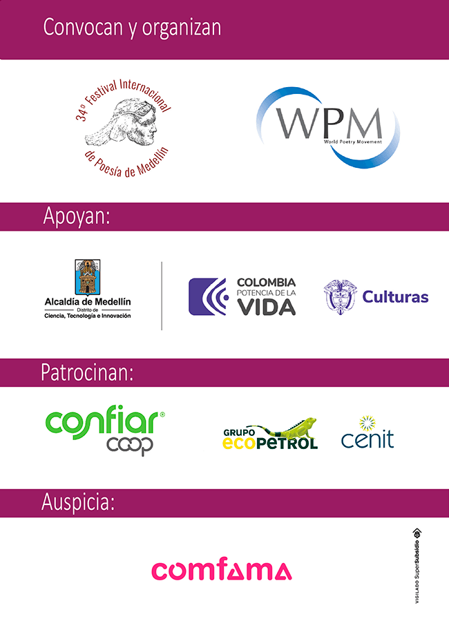 Imagen con los logos de las entidades que apoyan el Festival Internacional de Poesía de Medellín 2024.